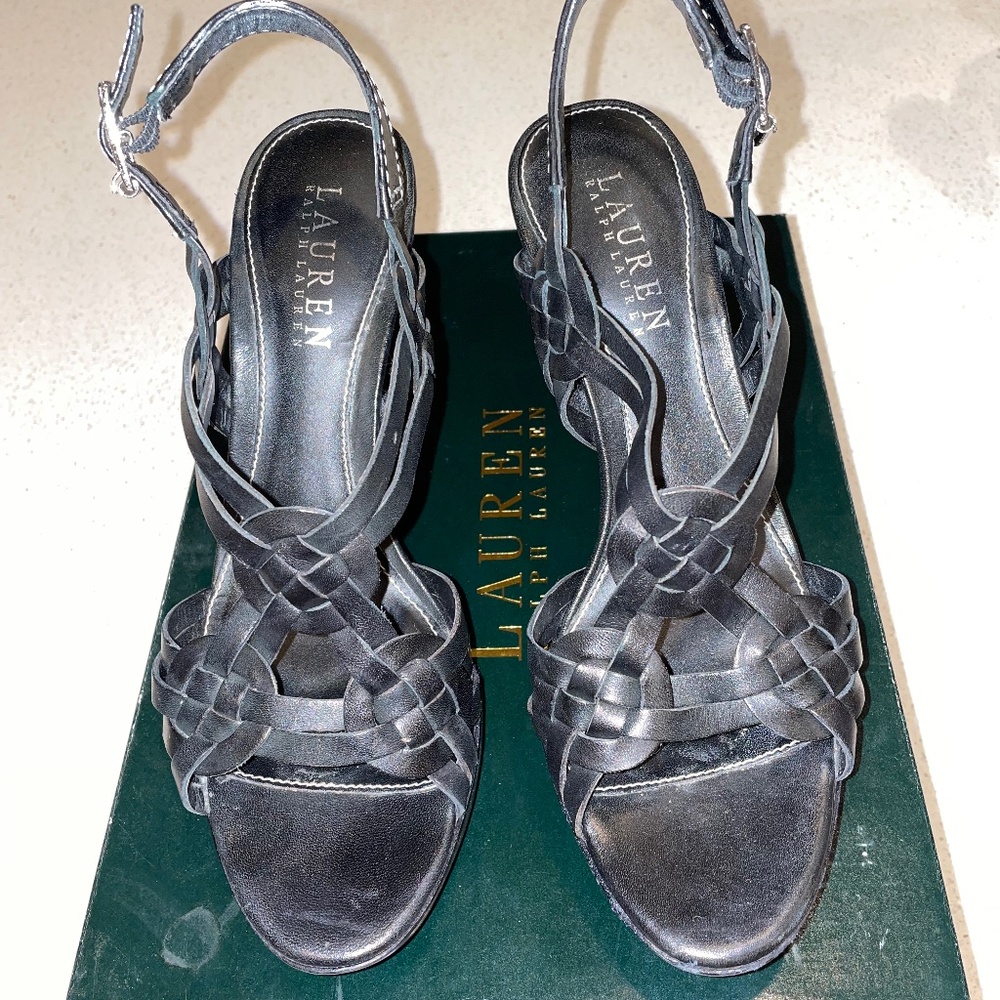 Ralph Lauren Black Braided Leather Slingback Heels